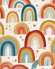 Bohemian Watercolor Rainbows Seamless Pattern. Earthy Tone Hand-Drawn Nursery Decor Background. Whimsical Kids Illustration.