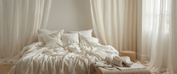 Unmade bed with a white cluttered pillow in bedroom background, textile, sleep, bed, fabric, cotton, cloth