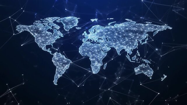 Global Network Connections Map with Interconnected Lines and Nodes on Dark Background Representing International Communication and Technology