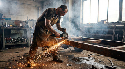 Skilled Fabricator Cutting Large Metal Pipe with Grinder in Factory