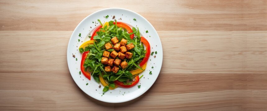 Healthy green salad from a top view, featuring sliced pepper and roasted tempeh, plant-based protein. Flatlay