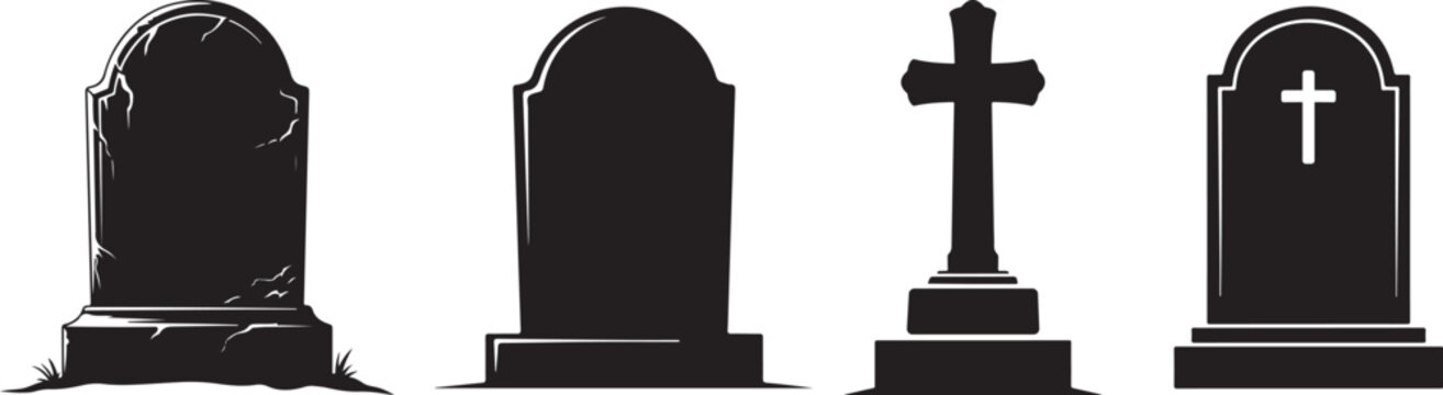 Gravestone and Cross Silhouettes Set on White Background, cemetery memorial symbols, tombstones, funeral remembrance, religion, death concept isolated on white background.