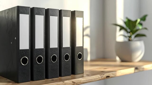 Row of black ring binders on a wooden shelf with a plant.