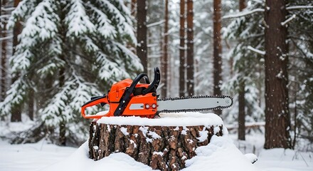 Chainsaw on snowy stump in winter forest