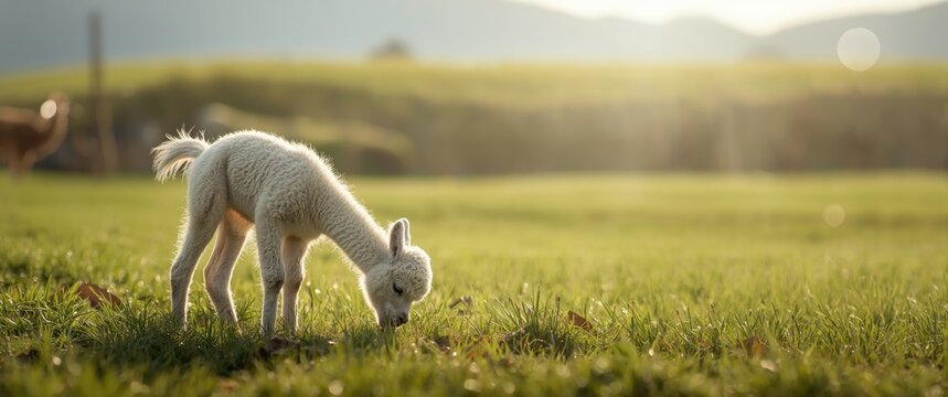 Adorable baby Alpaca Vicugna pacos with white fur on farm background, surrounded by food and nature - Powered by Adobe