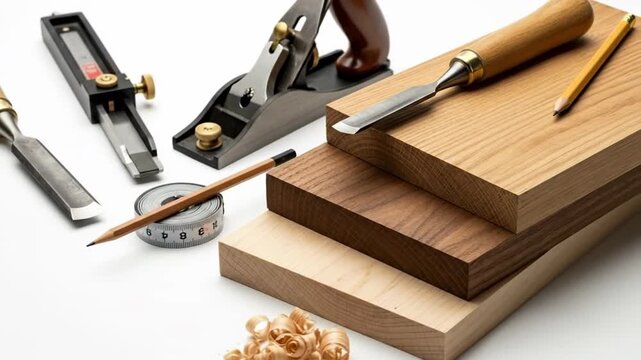 Arrangement of woodworking tools including chisels, plane, measuring tape, pencil, and wood pieces on white.