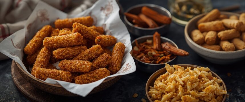 Tea-time Indian Gathiya Namkeen appetizers with fried sticks from Fulwadi, Gujarati farsan, and farsan