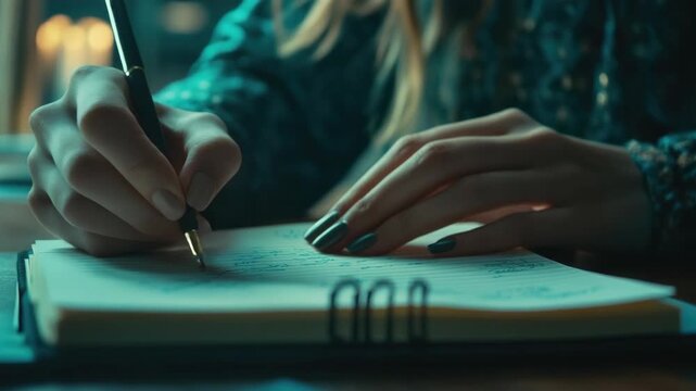 A woman is seen in this with pen and paper, writing in a notebook by dim light, creating an atmosphere of focus or contemplation.