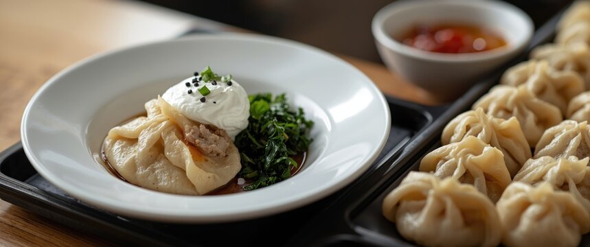 Steamed manti with sour cream, black pepper, and greens served on white plate atop dark tray - traditional Asian cuisine, close-up