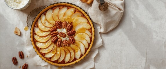 Freshly made pear tart with pecans and pears on a light linen tablecloth, highlighting healthy eating and organic ingredients, top view.