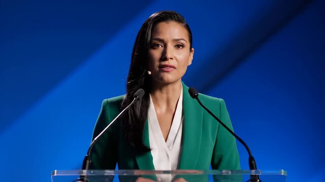 woman speech at podium with microphone. presentation by speaker on stage in blazer and blouse. gesture and expression accompany delivery and statement. lectern and lighting enhance formal venue.
