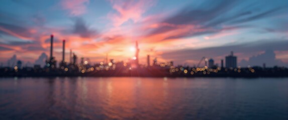 Morning light's soft focus on oil refinery plant with vivid bokeh