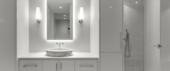 Modern Interior of White Bathroom with Marble Sink and Mirror