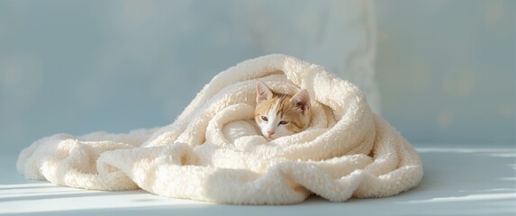 Sleeping cat in blankets background, cat, white, animal, blue, orange, adorable, feline, kitten, calico