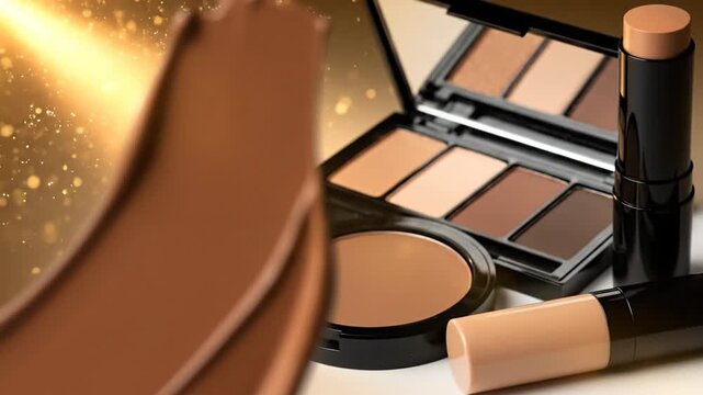Close-up of foundation smear with makeup palette and concealer sticks on white background.