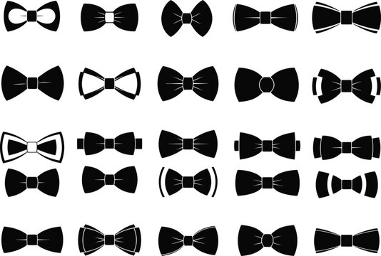 a collection of various black and white bow tie illustrations displayed in a grid arrangement offering diverse shapes and styles