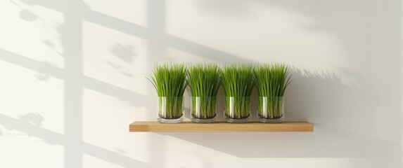 Transparent pots with wheat grass positioned on shelves adjacent to a light-colored wall