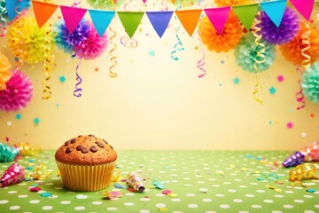 Obraz premium Vibrant party backdrop showing decorated garlands and a muffin over green polka dot surface with copy space