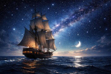Obraz premium sailing vessel navigating through a bright starry evening