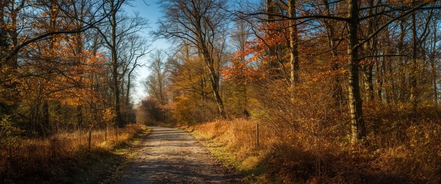 Woodland path with stone track, trees, and blue sky in autumn, highlighting natural beauty, branches, and buds