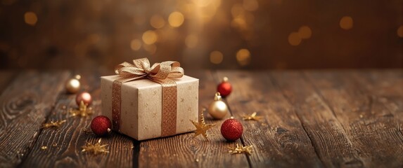 Naklejka premium Christmas Scene with present box and holiday decorations on wooden surface