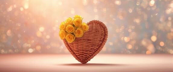Naklejka premium Valentines Day: Wicker heart featuring yellow roses