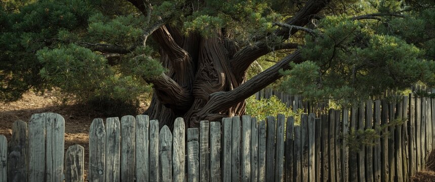 Monkey Puzzle Tree branches visible behind a rustic wooden fence in Oregon background image