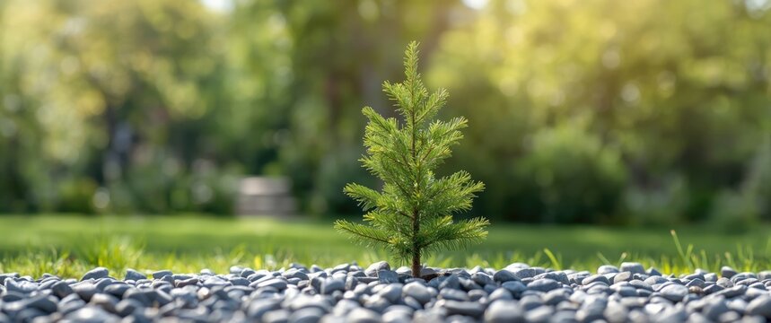 Bright day outdoors showing plants, bushes, and green branches, including a young fir-tree with needles among stones