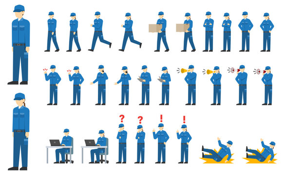 フラットイラスト：青い作業着とキャップを着た作業員セット