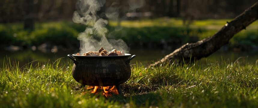 Preparing food in a cauldron at the stake