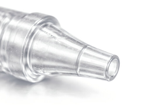 Photorealistic 3D macro product-shot of a single unbranded Luer-lock connector tip, fine helical thread detail sharply defined, subtle molding seams and micro-scratches, ultra-detailed micro-texture
