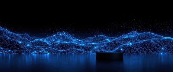 Fototapeta premium Futuristic technological setting featuring neon lights and geometric wireframes, depicting Cyberspace in the Mountains and Digital Terrain