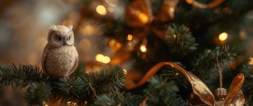 Decorated fir-tree branch with a Christmas toy owl