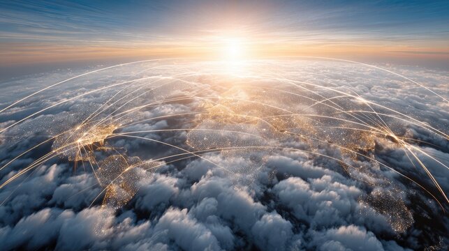 Abstract illustration of global network over clouds with bright sun