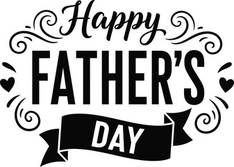 Obraz premium A festive black and white graphic displaying the words happy father s day with decorative swirls and a ribbon banner below