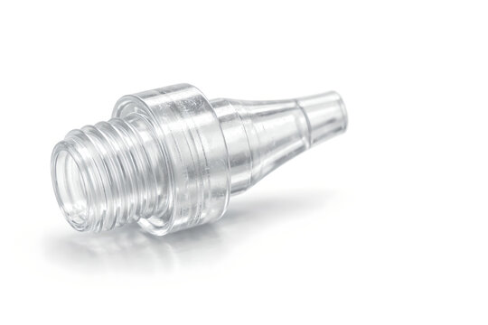 Photorealistic 3D macro product-shot of a single unbranded Luer-lock connector tip, fine helical thread detail sharply defined, subtle molding seams and micro-scratches, ultra-detailed micro-texture