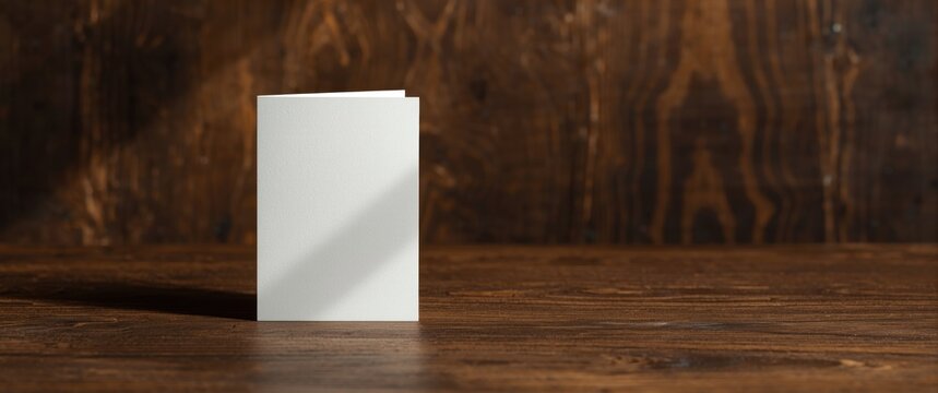 Empty rectangular greeting card and envelope mockup standing upright on dark wooden surface, featuring ample space for text, ideal for Christmas, birthday, wedding, or celebration backgrounds.