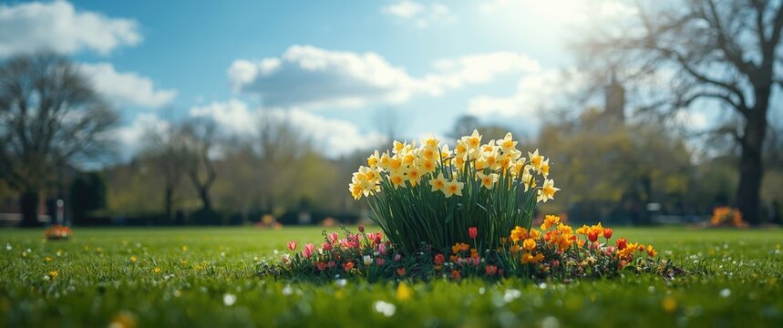 Beautiful landscaped garden featuring a spring flower bed with vivid colors and blooming daffodils