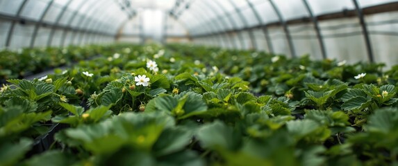 Fototapeta premium White-flowered strawberry plants blooming under tunnel dome greenhouse
