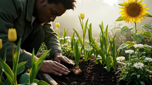 man kneels over bed planting bulb in soil. hand places bulb beside tulip and daisy. sunflower and flower rise above soil near garden edge. bulb sits partially buried in bed. soil pressed around bulb.
