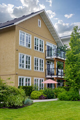 Low rise residential building on cloudy day in Vancouver, Canada