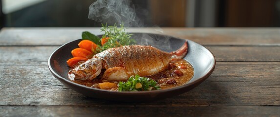 Aged wood with marinated fish