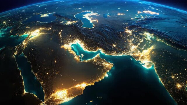 Nighttime view of illuminated map showcasing various countries in Europe.