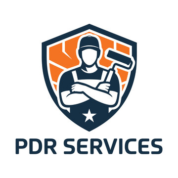 PDR Services logo with shield and painter holding roller  repair and maintenance icon