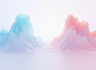 Abstract render of a pastel landscape with soft blue and pink mountain-like shapes. Generative art for digital background or banner.