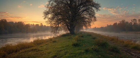 Obraz premium Sunrise autumn landscape at the riverbank in a grove, showcasing water, sky, trees, grass, and forest, vintage calendar background