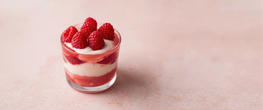 Mini dessert featuring yogurt covered Jello and raspberries in a glass cup against a pale concrete background