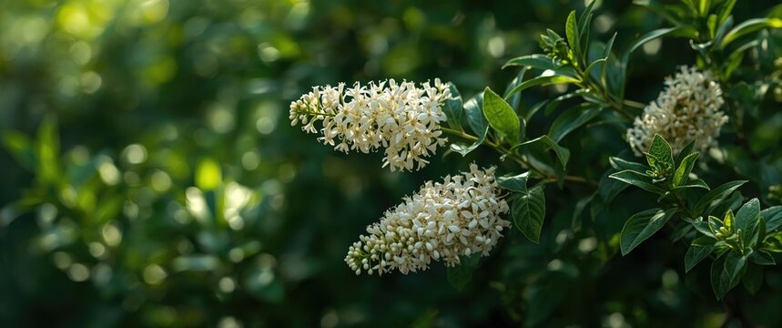 Meadowsweet flowering bush with white spirea flowers in close-up