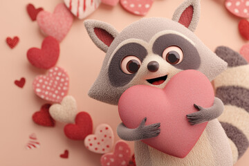 Plush raccoon with heart. Valentine's Day.