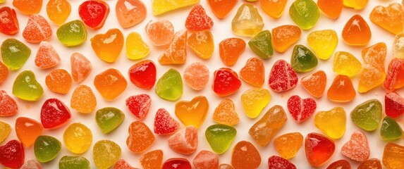 Colorful assorted gummy candies isolated on a white background. Top-down view. Jelly sweets
